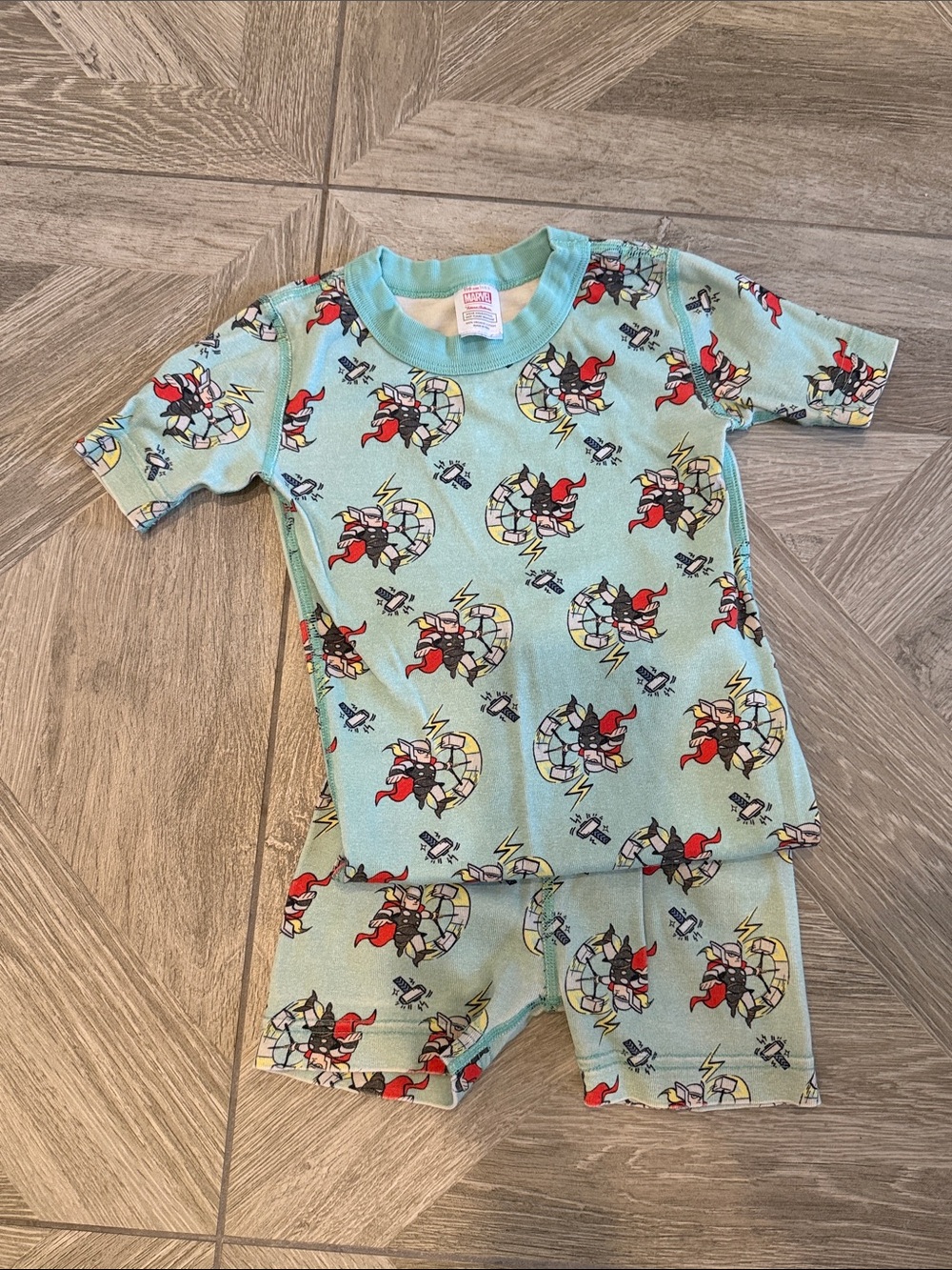 Hanna Andersson Light Blue Kids Pajama Set with Red and Black Superhero Print